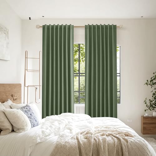 Olive Green 100% Blackout Curtains 84 Inch Length 2 Panels Set for Living Room Bedroom Back Tab Thermal Insulated Black Out Linen Drapes Room Darkening Window Curtains 84 Inches Long (Olive Green / 52"W x 84"L (Pack of 2))
