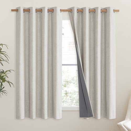 Snowbound Vintage Linen 100% Blackout Curtains for Living Room (52"W x 63"L (Pack of 2) / Snowbound)