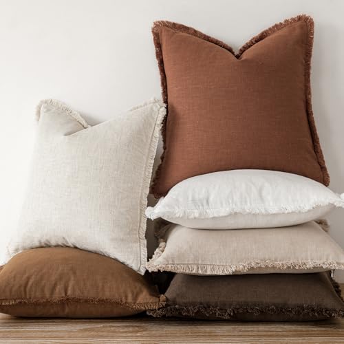 Decorative Linen Fringe Throw Pillow Covers 20×20 Rust Orange (20" x 20" (Pack of 2) / Late Autumn)