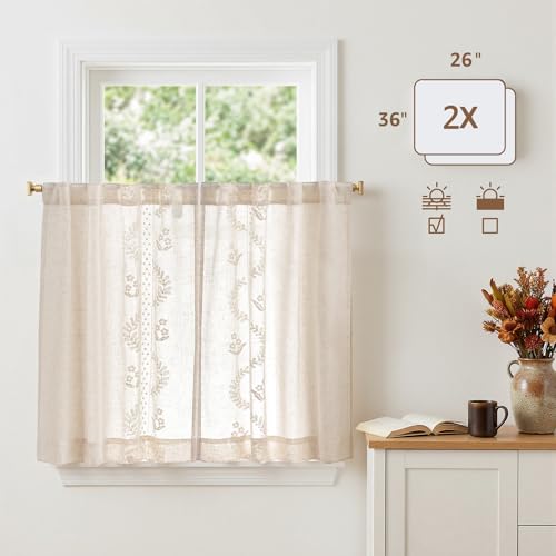 Ivory Floral Linen Kitchen Tier Curtains 36 Inch (A| Ivory / 26"W x 36"L (Pack of 2))