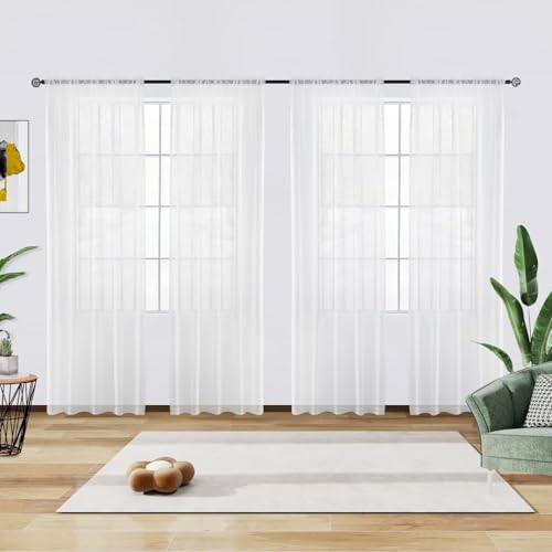 Solid Sheer Rod Pocket Curtain Voile Draperies 4 Panels White Beige Black Grey Ivory 52 Inch Width 90 Inch Long 1 Pair for Kitchen Bedroom Children Living Room Yard (White / 52"W x 90"L (Pack of 4))