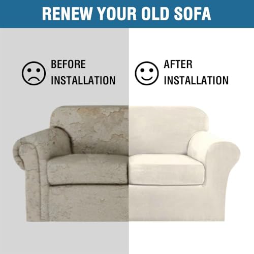 Real Velvet Plush 3 Piece Stretch Sofa Covers Couch Covers for 2 Cushion Couch Sofa Slipcovers Width Up to 90 Inch Feature Thick Soft Stay in Place (2 Cushion Sofa / Ivory)