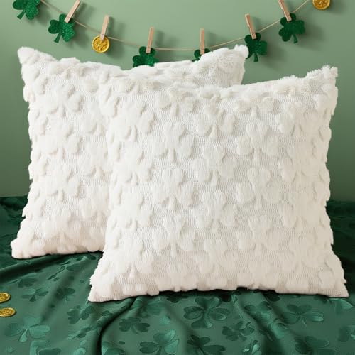 Faux Fur Throw Shamrock Cream White Pillow Covers 16x16 Set of 2 (16" x 16" (Pack of 2) / Shamrock Cream White)