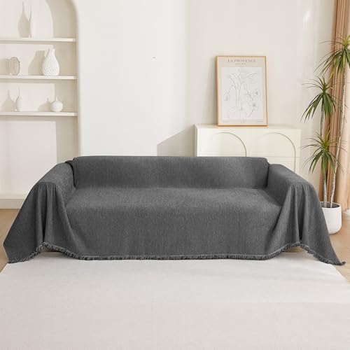 Boho Couch Cover Charcoal Gray Sofa Covers with Tassel Farmhouse Sofa Slipcover Simple Couch Protector for Dogs Chenille Sectional Couch Covers L Shaped Couch Cushion Covers (91" x 134" / Tassels Edge-charcoal Gray)