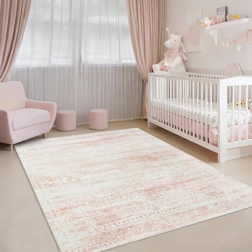 Pink Washable Rugs 4x6 Area Rugs for Living Room (4' x 6' (Rectangular) / Pink-white)