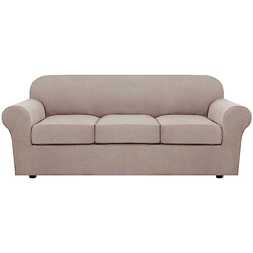 4 Piece Stretch Sofa Covers for 3 Cushion Couch Covers for Living Room Slipcovers (Large / Sand)