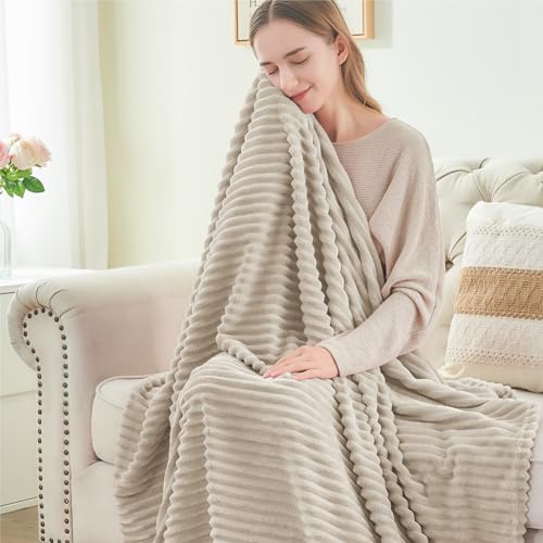3D Ribbed Jacquard Linen Fleece Twin Blanket for Couch (Linen / Twin(60"x80"))