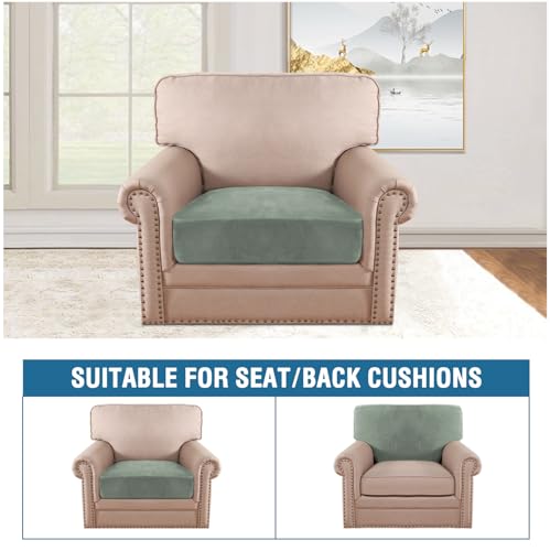 Velvet Stretch Couch Cushion Cover Plush Cushion Slipcover for Chair Cushion Furniture Protector Seat Cushion Sofa Cover (Sea Grass / 1 Cushion Armchair)