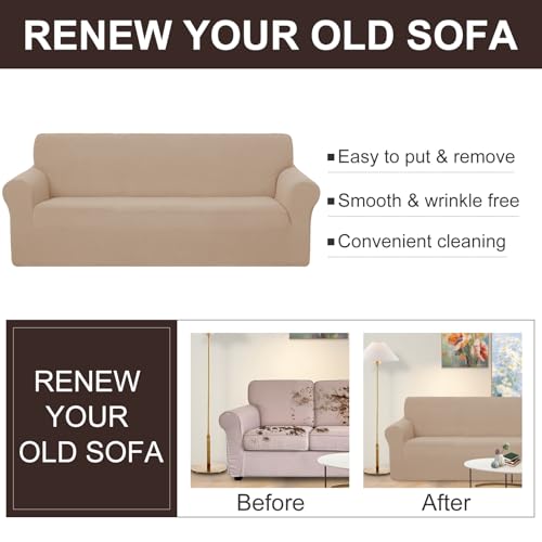 Stretch Couch Cover Sofa Covers for 3 Cushion Couch Slipcover with Elastic Bottom Furniture Protector for Dogs (Camel / Sofa)
