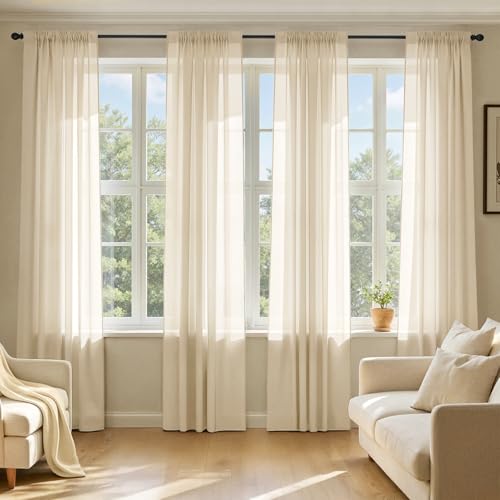 Cream Sheer Curtains 102 Inches Long 4 Panels 42 x 102 Inches (42"W x 102"L (Pack of 4) / Cream)