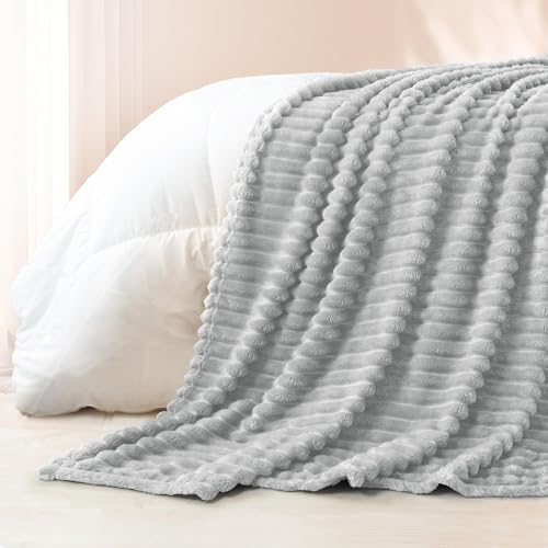 Striped California King Size Fleece Blanket for Bed (Light Grey / Cal King ( 120x120 IN ))