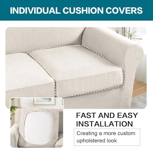 4 Piece Sofa Covers for 3 Cushion Couch Sofa Slipcover Soft Couch Cover for Dogs Washable Furniture Cover with 3 Individual Large Cushion Covers Feature Fabric (L Sofa (3 Cushion) / Ivory)