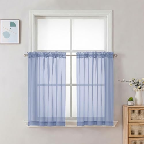 Sheer Curtains 36 inch Length 2 Panels Set (Denim Blue / 42"W x 36"L (Pack of 2))