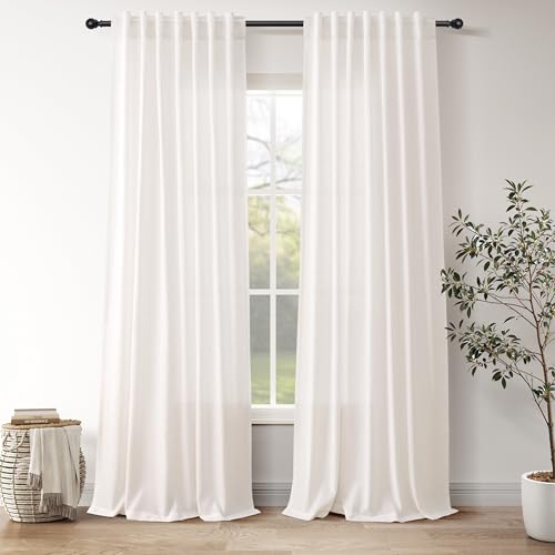 Ivory White Linen Curtains for Living Room 100 Inches Long Light Filtering Semi Sheer Curtain Back Tab Rustic Luxury Neutral Modern Farmhouse Decor Drapes for Bedroom Dinner Room 52x100 (52"W x 100"L (Pack of 2) / Ivory White)