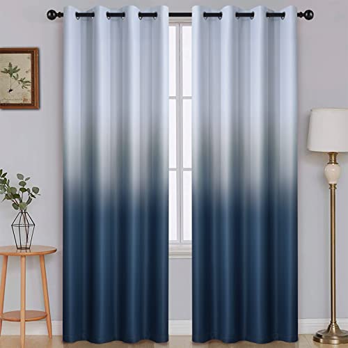 Ombre Gradient Navy Blue White to Gray Bedroom Curtains (52"W x 84"L (Pack of 2) / Navy Blue and White)