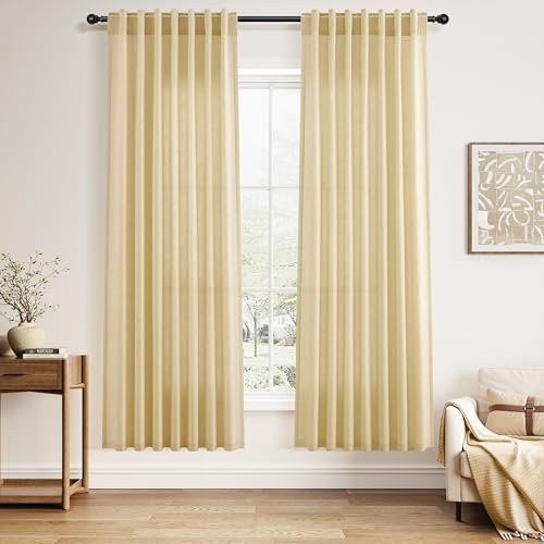 Cream Yellow Curtains for Living Room 72 Inches Linen Blend Light Filtering Modern Farmhouse Semi Sheer Curtains Back Tab Privacy Neutral Curtain for Bedroom Office 52x72 (52"W x 72"L (Pack of 2) / Cream Yellow)