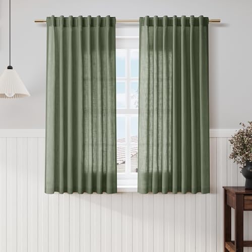 Olive Green Linen Curtains 60 Inch Length 2 Panel Set Back Tab Rod Pocket Semi Sheer Light Filtering Short Curtain Farmhosue Country Style Bay Window for Living Room Bedroom 52x60 (52"W x 60"L (Pack of 2) / Loden)