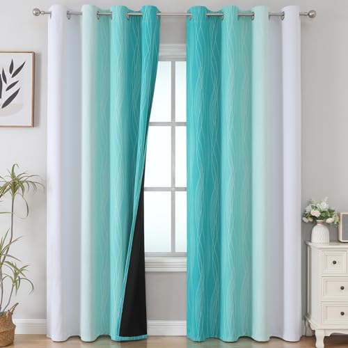 Teal and Grayish White Ombre Blackout Curtains Living Room 108 Inches Long (Teal and Greyish White / 52"W x 108"L (Pack of 2))