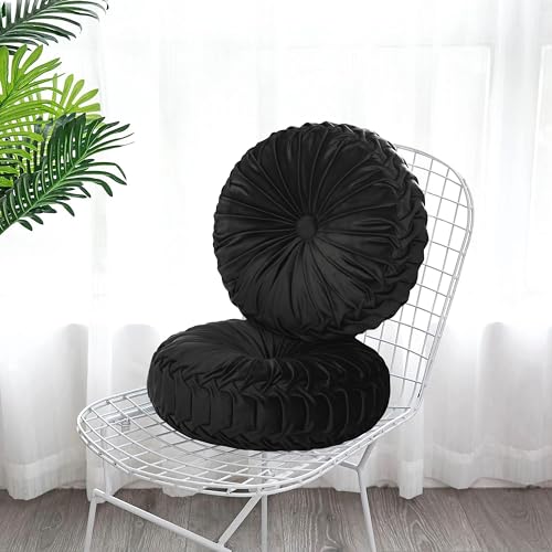 Set of 2 Black Velvet Decorative Round Pleated Throw Pillows (Black)