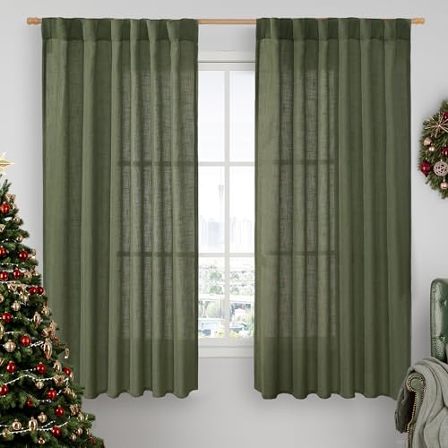 Olive Green Semi Sheer Linen Curtains 60 Inch (Olive Green / 52"W x 60"L (Pack of 2))