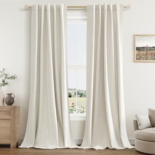100% Blackout Linen Curtains 84Inch Long for Bedroom 2 Panels Cream