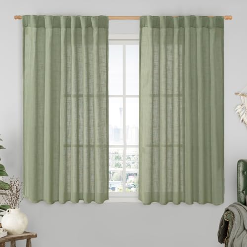 Linen Semi Sheer Curtains 48 Inch for Bedroom Window Treatment (Sage Green / 52"W x 48"L (Pack of 2))