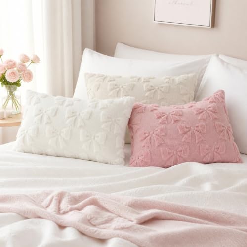 Cream White Bow Faux Fur Throw Pillow Covers 12x20 Set of 2 (Cream White Bow / 20" x 12" (Pack of 2))