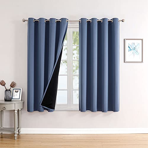 100% Blackout Curtains for Bedroom 2 Panels Set with Black Liner (52"W x 45"L (Pack of 2) / Stone Blue)