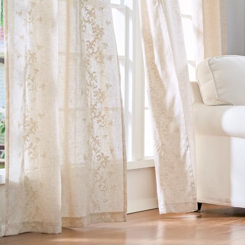 Floral Linen Curtains 84 Inch Farmhouse Back Tab 2 Panels (Vine | Ivory / 50"W x 84"L (Pack of 2))