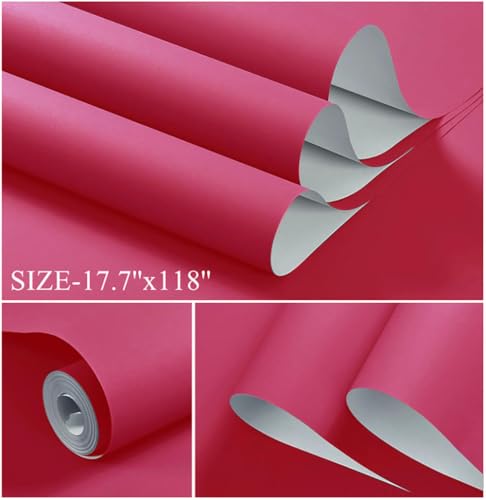 393''x17.7'' Pink Peel and Stick Wallpaper Contact Paper Modern Self Adhesive Wall Paper Removable Renter Friendly Textured Solid Color Shelf Cabinet Vinyl Roll (Rose Red / 17.7" x 393")