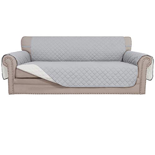 4 Seater Sofa Slipcover Reversible Sofa Cover Water Resistant Couch Cover with Foam Sticks Elastic Straps Furniture Protector for Pets Children Dog Cat (Light Gray/Ivory / XX-Large Sofa)