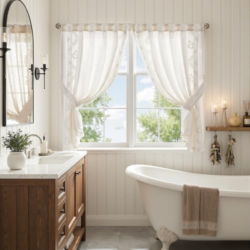 White Floral Linen Kitchen Tier Curtains 50x45 Inch 2 Panels (A| Off White / 50"W x 45"L (Pack of 2))