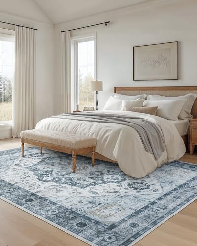 Amada Large 8x10 Washable Area Rug for Living Room (8' x 10' (Rectangular) / Ivory/Blue)