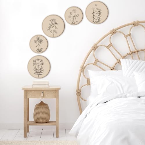 5 Pcs Boho Wall Decor Wood Circle Wall Art Set (Floral)