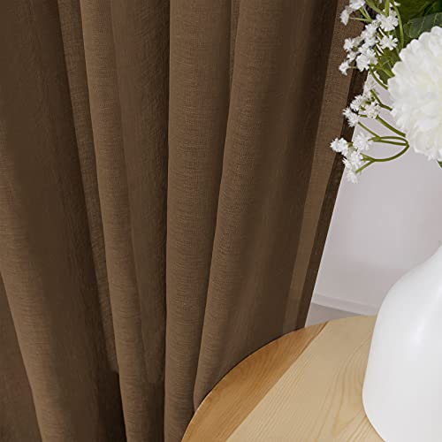 Short Sheer Curtains Linen Textured Bedroom Curtain Sheers Light Filtering Rod Pocket Voile Curtains for Living Room (54"W x 45"L (Pack of 2) / Brown)