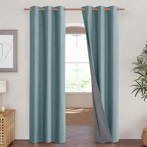 100% Absolutely Blackout Linen Curtains with Thermal Insulated Liner (42"W x 90"L (Pack of 2) / Skylark Blue)