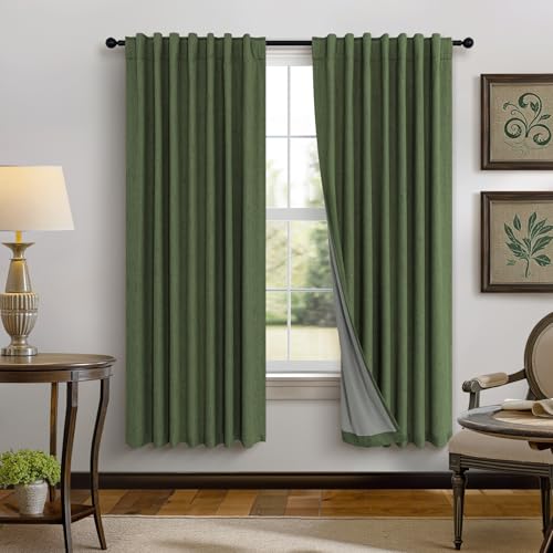 Olive Green Blackout Curtains 63 Inch Length 2 Panel for Boys Bedroom Kids Nursery Decorative Linen Room Darkening Grass Forest Green Curtains Sound Draft Cold Heat Light Blocking Retro Vintage (Olive Green / 52"W x 63"L (Pack of 2))