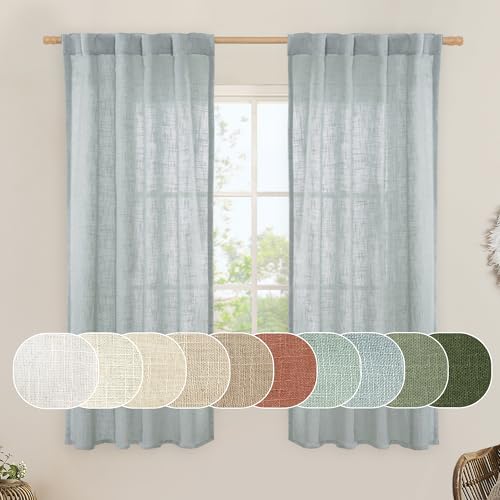 Sheer Linen Curtains 63 inches Long for Bedroom Window 2 Panels (Greyish Blue / 38"W x 63"L (Pack of 2))