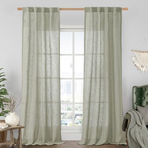 Sage Grey Linen Boho Sheer Curtains 84 inch Length 2 Panels (Sage Grey / 34"W x 84"L (Pack of 2))