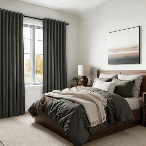 102 Inch Long Charcoal Gray Blackout Curtains for Bedroom 2 Panels Set Modern Natural Linen Back Tab Pleated Floor to Ceiling Thermal Drapes Hooks Rings 102 In Window Drapes 100% Black Out Linen (Carbon Grey / 52"W x 102"L (Pack of 2))