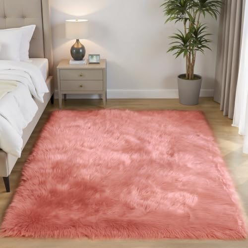 Pink Area Rug 5x8 Fluffy Fuzzy Furry Carpet for Girls Bedroom Living Room Faux Sheepskin Fur Shaggy Plush Rectangle (5' x 8' (Rectangular) / Light Pink)