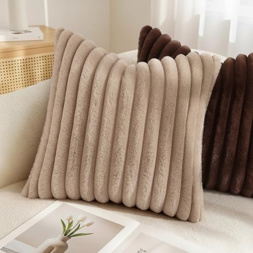 Fall Faux Fur Throw Pillow Covers 12x20 Set of 2 Khaki Brown (Light Khaki Brown / 20" x 12" (Pack of 2))