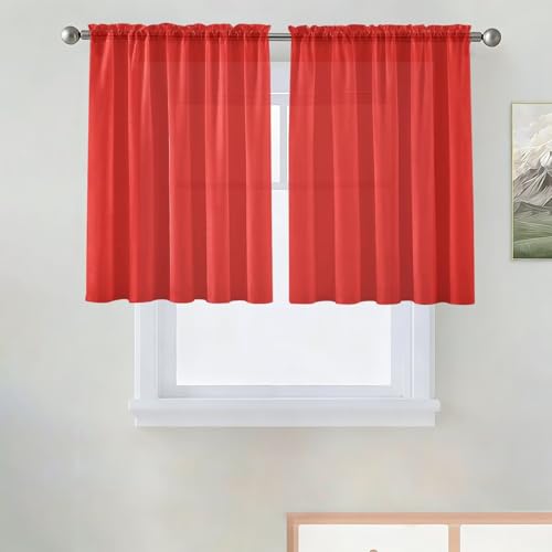 Basic Rod Pocket Sheer Voile Window Curtain Panels Red 1 Pair 2 Panels 52 Width 36 Inch Long for Kitchen Bedroom Children Living Room Yard（Red (Red / 52"W x 36"L (Pack of 2))