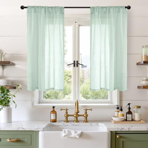 Light Green Linen Curtains 45 Inch Length (Sage Green / 30"W x 45"L (Pack of 2))