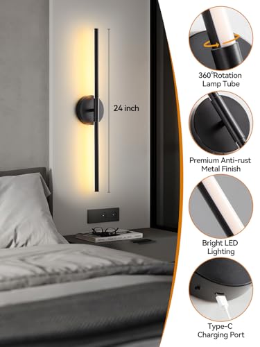 Battery Operated Wall Sconces Set of 2 (Black / 24inch-2 Pack)