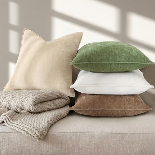 Chenille Beige Velvet Throw Pillow Covers 18x18 Set of 2 (Natural Beige / 18" x 18" (Pack of 2))