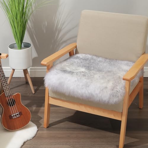 Square Fur Sheepskin Chair Cover Seat Cushion Pad Super Soft Area Rugs for Living Bedroom Sofa 18" x 18" (Gray Tip / 18" x 18" (Pack of 1))