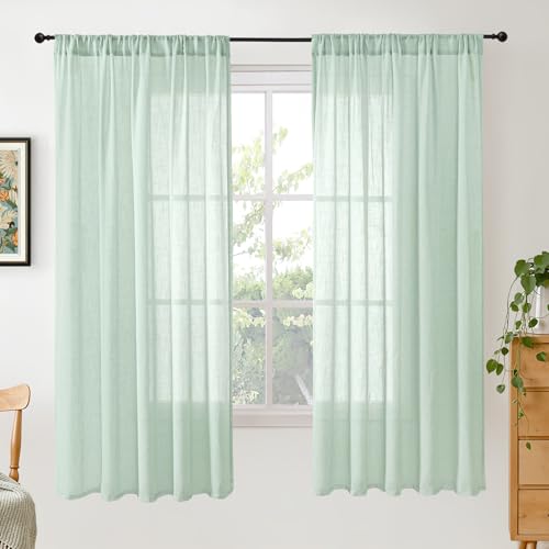 Sage Green Linen Semi Sheer Curtains for Living Room 63 Inch Length (Sage Green / 52"W x 63"L (Pack of 2))