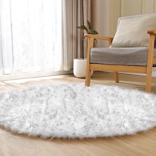 White and Grey Round Shag Rug 4ft Faux Sheepskin Fur Rugs for Living Room Small Circle Washable Plush Rug for Nursery Cute Room Décor (4' (Round) / White With Grey Tips)