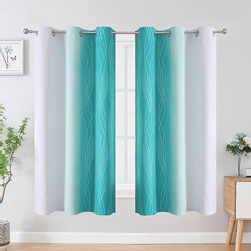 Teal and Grayish White Ombre Blackout Curtains for Living Room 63 Inch Long (Teal and Greyish White / 42"W x 63"L (Pack of 2))